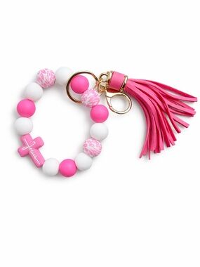 Pink Bead Wristlet Keychain with Tassel and Jesus Charm